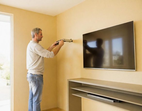 Man using a drill to mount a TV on a beige wall in a modern living room.