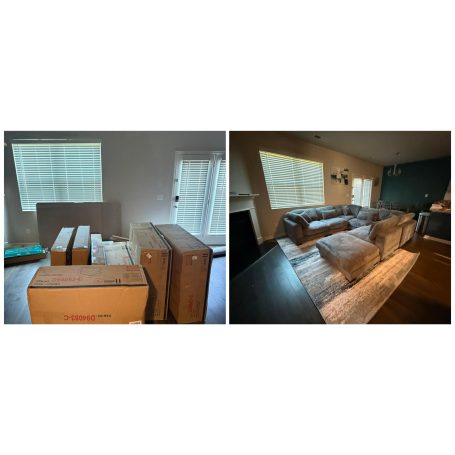 Two side-by-side rooms, one with stacked boxes and the other with unpacked furniture.