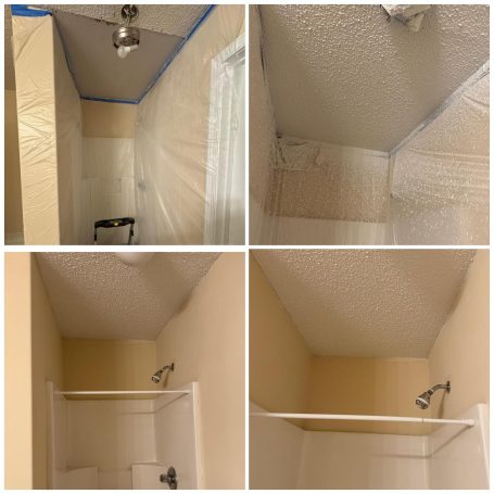 Four images showing the ceiling of a bathroom with plastic covering and fresh paint.