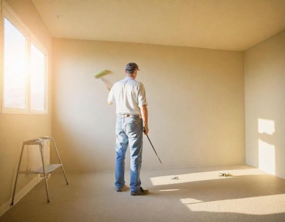 A person painting a bare wall in a sunlit room, using a roller.