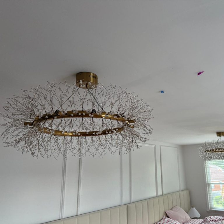 replacing fixtures in Snesville Modern room featuring a decorative chandelier with a circular design and intricate wire details.